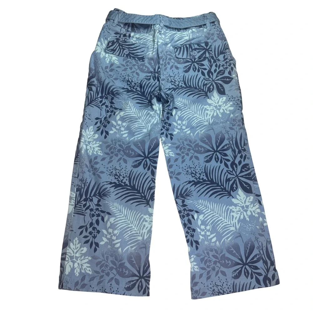Basic Editions Size 4 Blue Tropical Leaf Print Wide Leg Cropped Belted Pants - Picture 2 of 8